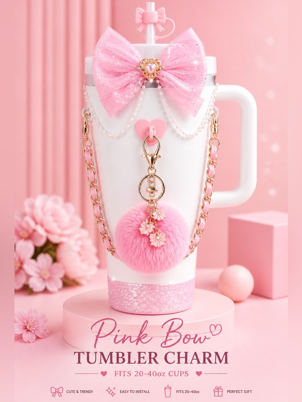 Pink Bow Tumbler Charm Set | Stanley Cup Accessories | Cute Girly Bling